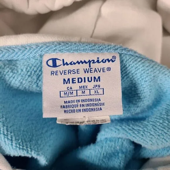 Champion Men Reverse Weave Color Block Hoodie MED Pink Blue White Bold Spell Out - Picture 9 of 12